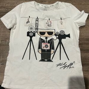 Karl Lagerfeld White Tee with Black & Tan Camera Cartoon